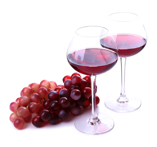 Wineglasses with red wine, grape isolated on white — Stock Photo, Image