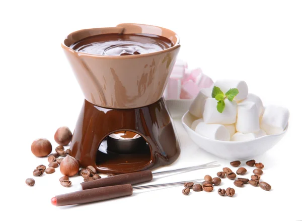 Chocolate fondue with marshmallow candies, isolated on white — Stock Photo, Image