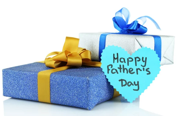 Étiquette Happy Fathers Day avec coffrets cadeaux, isolée sur blanc — Photo