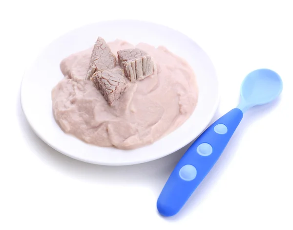 Pasta de carne para alimentação infantil, em placa, isolada sobre branco — Fotografia de Stock