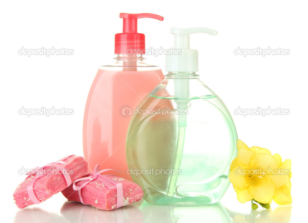 Liquid and hand-made soaps isolated on white