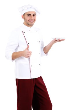 beyaz üniforma ve şapka, üzerinde beyaz izole profesyonel şef