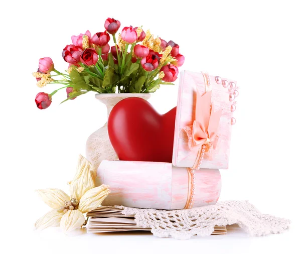 Still life with heart in wooden casket, isolated on white — Stock Photo, Image