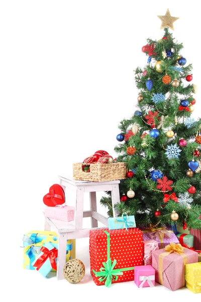 Decorated Christmas tree with gifts isolated on white — Stock Photo, Image