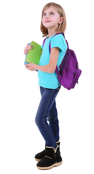 Beautiful little girl with backpack holding books isolated on white — Stock Photo, Image