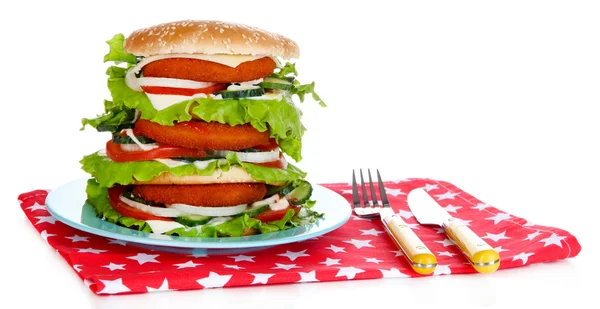 Velký burger na barvu štítku, izolované na bílém — Stock fotografie