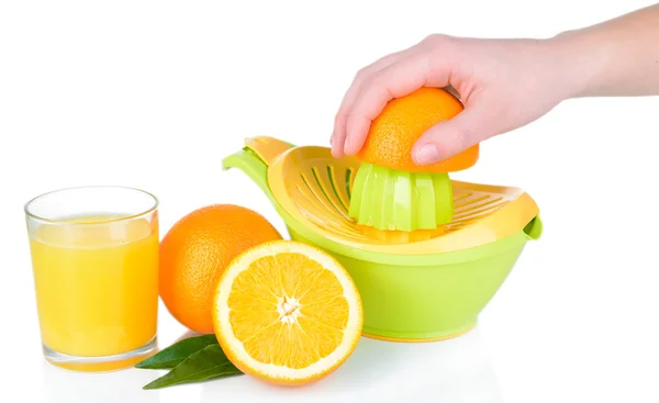 Preparing fresh orange juice squeezed with hand juicer isolated on white — Stock Photo, Image