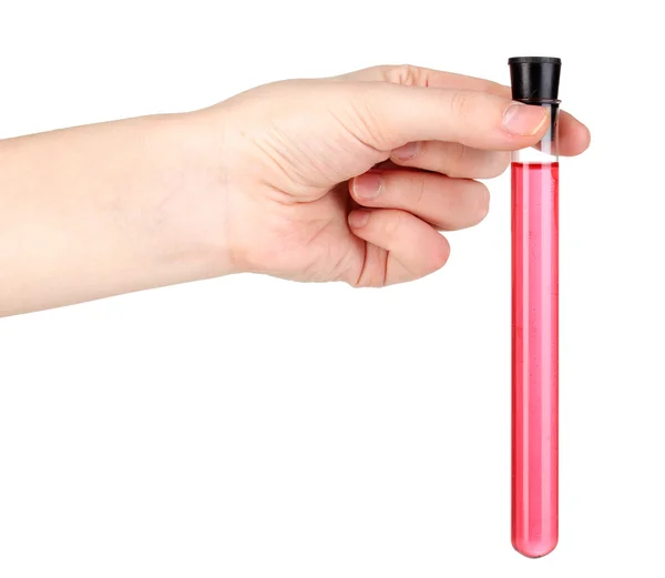 Test-tubes with pink solution in hand isolated on white — Stock Photo, Image