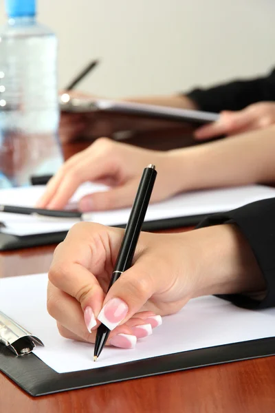 Close up of business people hands during teamwork — Stock Photo, Image