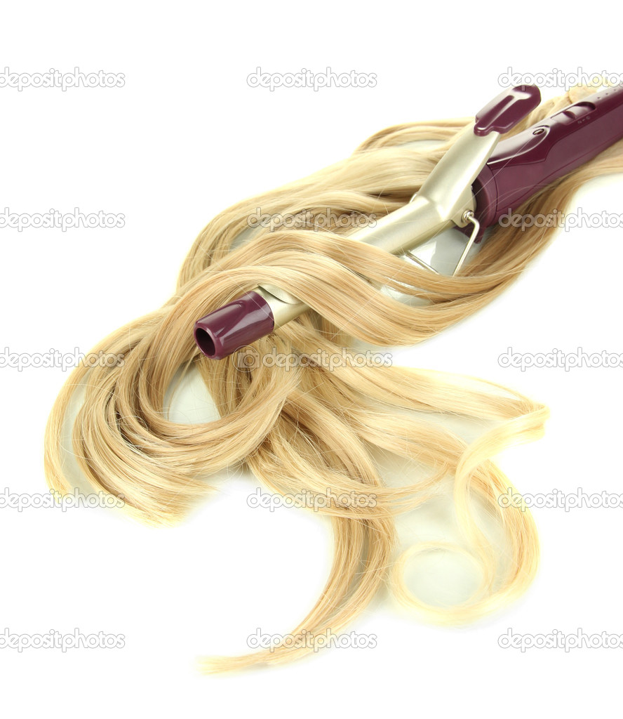 Curly blond hair with curling iron isolated on white