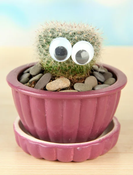 Cactus in flowerpot with funny eyes, on wooden table — Stock Photo, Image