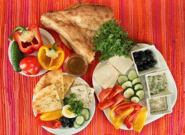 Traditional Turkish breakfast on fabric background — Stock Photo, Image