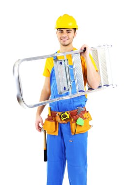 erkek üzerinde beyaz izole sarı kask oluşturucu