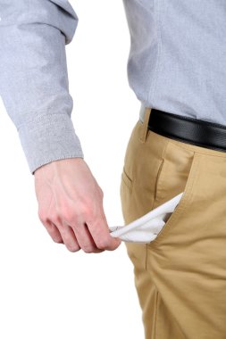 adam boş cebine beyaz izole gösterilen