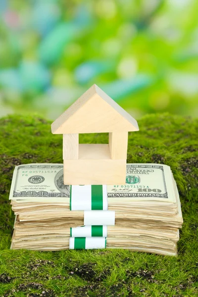 Wooden house on packs of dollars on grass on natural background — Stock Photo, Image