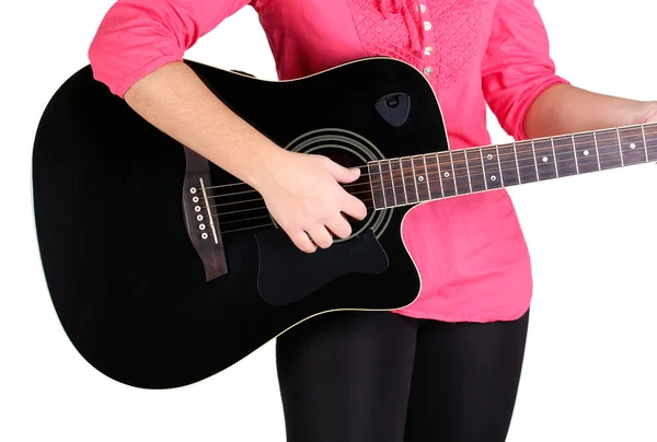 Guitarra acústica en manos femeninas, aislada en blanco — Foto de Stock