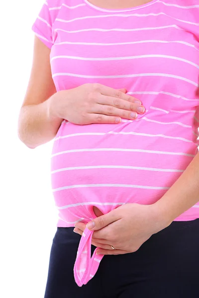 Embarazada tocando su vientre de cerca —  Fotos de Stock