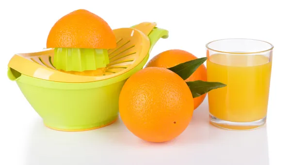 Citrus press and oranges isolated on white — Stock Photo, Image