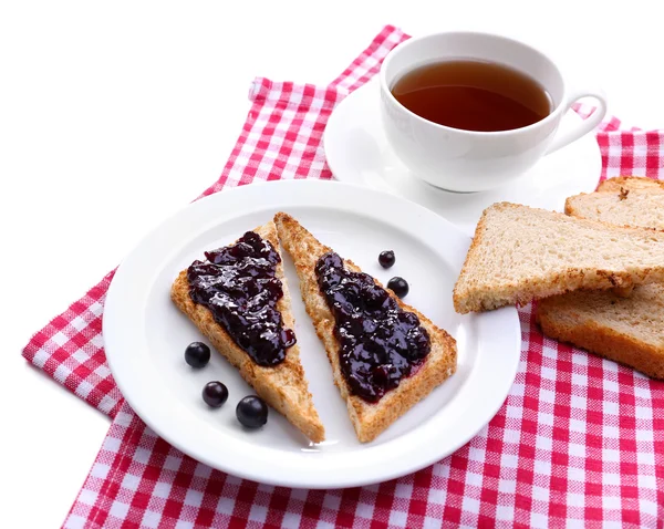 Delicious toast with jam on plate isolated on white — Stock Photo, Image