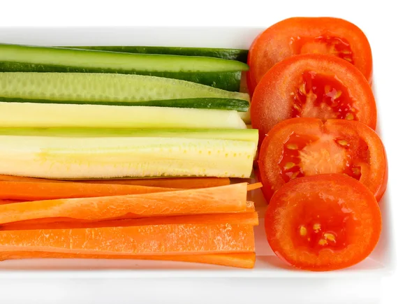 Assorted raw vegetables sticks in plate isolated on white — Stock Photo, Image