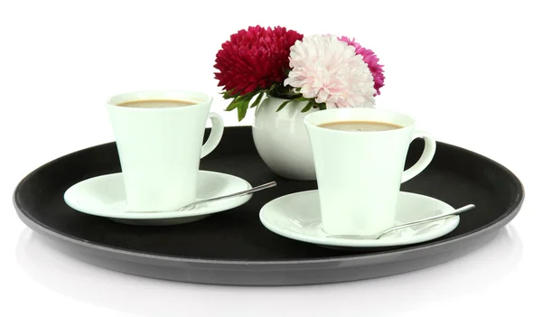 Tazze di caffè su vassoio isolato su bianco — Foto Stock