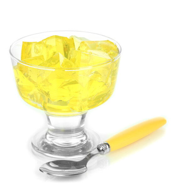 Tasty jelly cubes in bowl isolated on white