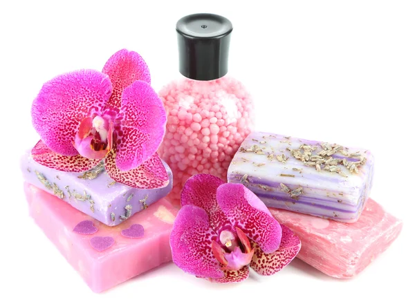 Sea salt, soap and orchid isolated on white — Stock Photo, Image