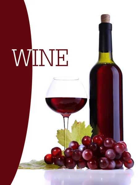 Wineglass with red wine, grape and bottle isolated on white — Stock Photo, Image