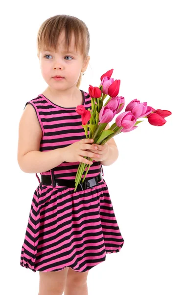 Beautiful little girl holding bouquet isolated on white — Stock Photo, Image