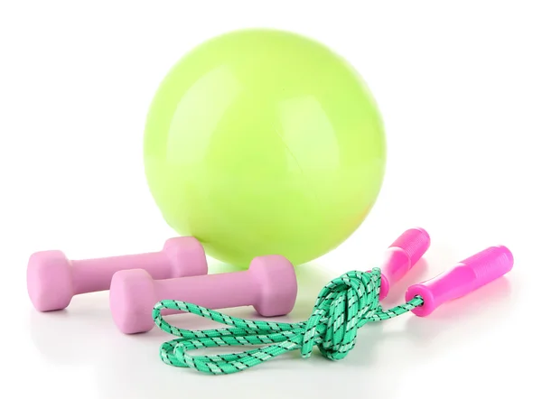 Bright green ball with rope and dumbbells isolated on white — Stock Photo, Image