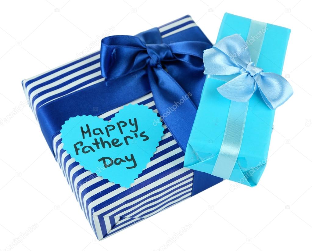 Happy Fathers Day tag with gift boxes, isolated on white