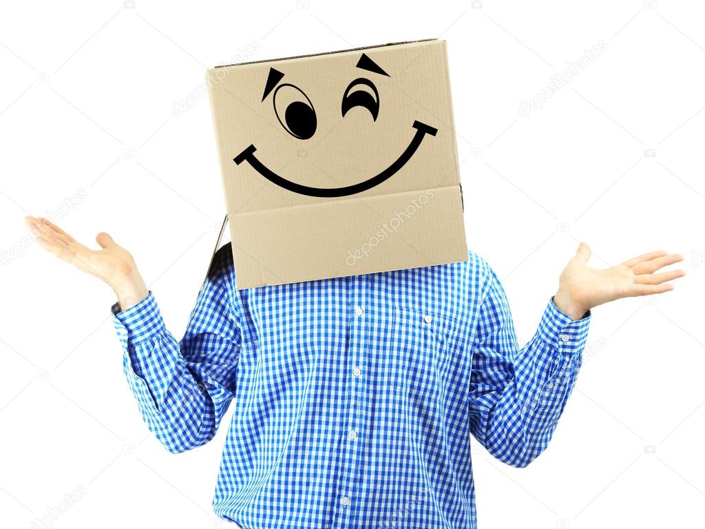 Man with cardboard box on his head isolated on white