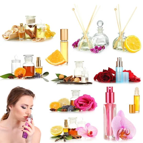 Collage av vacker kvinna och lyxiga parfymer — Stockfoto