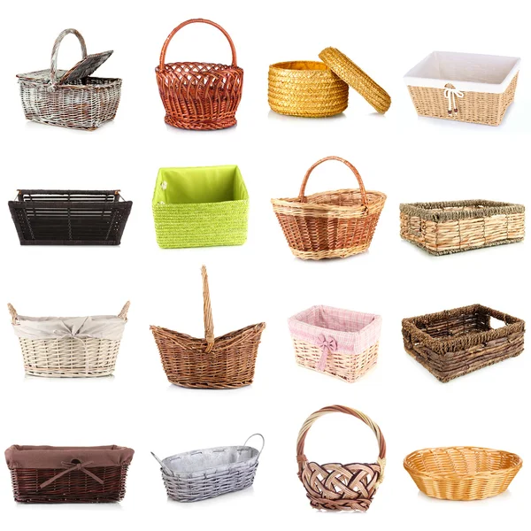 Collage de diferentes cestas de mimbre — Foto de Stock