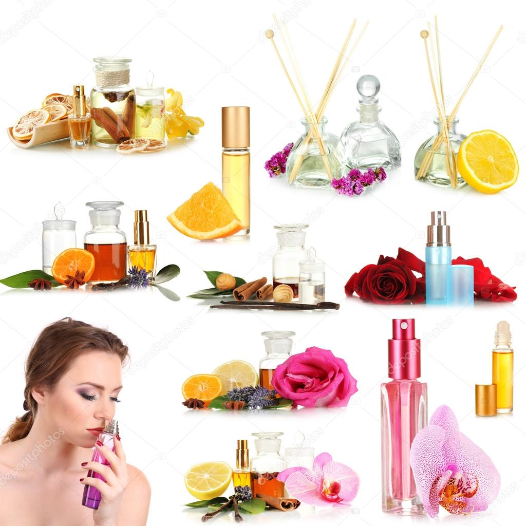 Collage of beautiful woman and luxury perfumes