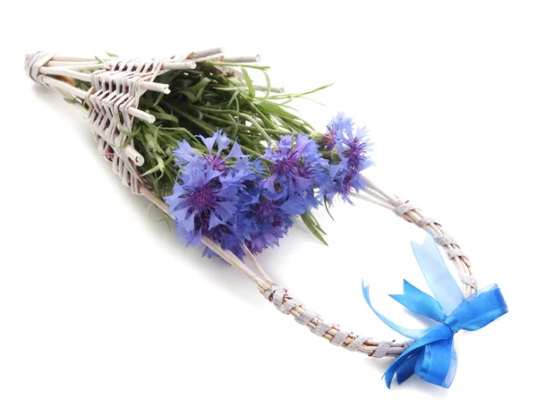Beau bouquet de bleuets dans le panier, isolé sur blanc — Photo
