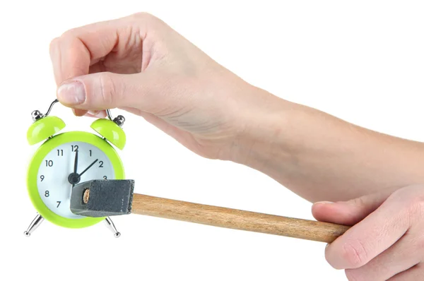 Hammer and alarm clock in hands isolated on white — Stock Photo, Image