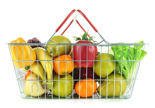 Verschiedenes Obst und Gemüse in Metallkorb isoliert auf weiß — Stockfoto
