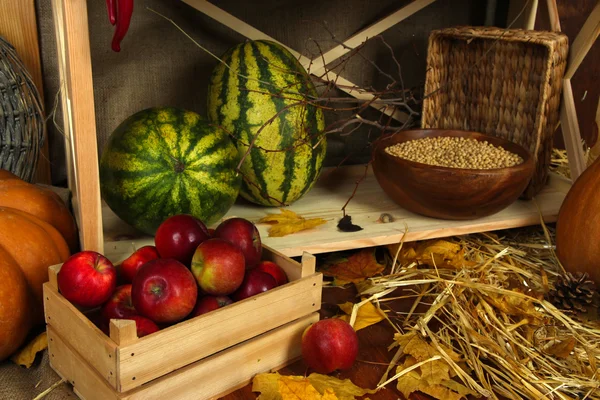 Groenten en fruit op de planken close-up — Stockfoto