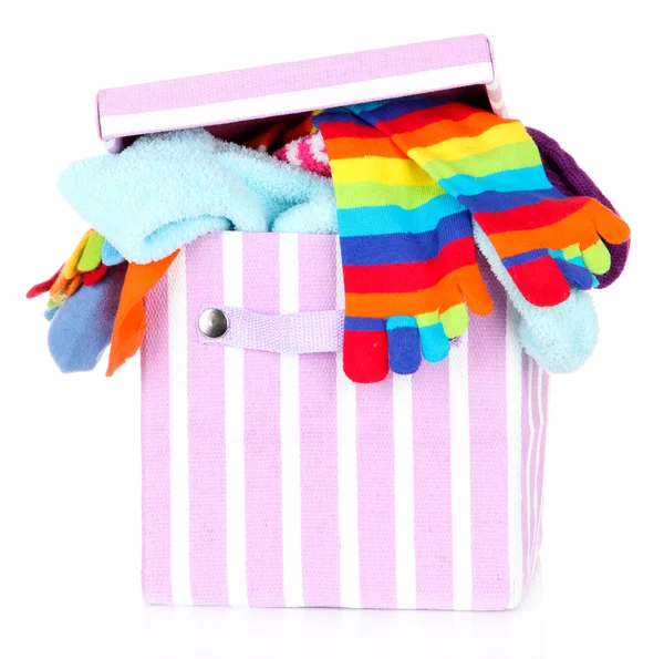 Textiel doos met verschillende sokken, geïsoleerd op wit — Stockfoto