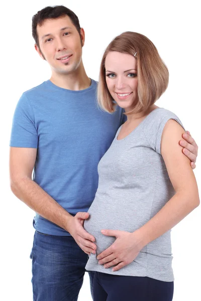 Jovem grávida com o marido isolado em branco — Fotografia de Stock