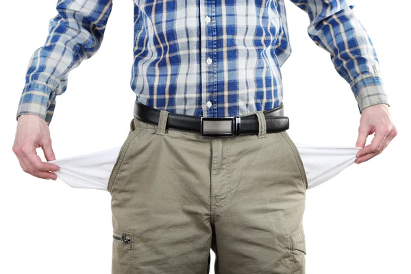 adam boş ceplerini üzerinde beyaz izole gösterilen