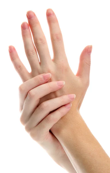 One woman hand massaged other, isolated on white — Stock Photo, Image