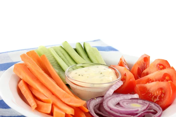 Assorted raw vegetables sticks in plate on napkin isolated on white — Stock Photo, Image