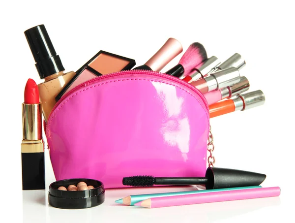 Bella borsa make up con cosmetici, isolata su bianco — Foto Stock