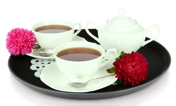 Cups of tea on tray isolated on white — Stock Photo, Image