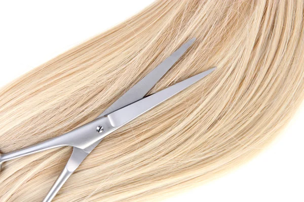 Long blond hair and scissors close up — Stock Photo, Image