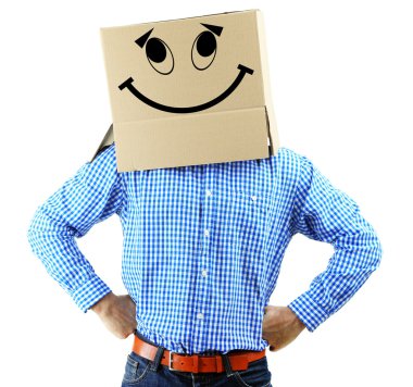 Man with cardboard box on his head isolated on white clipart