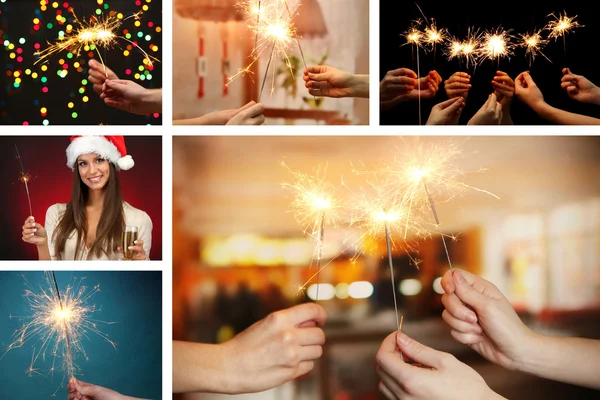 Colagem de menina bonita e sparkler em mãos — Fotografia de Stock