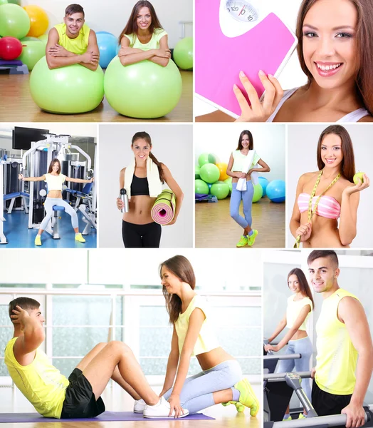 Collage av unga arbetande ute i gym — Stockfoto